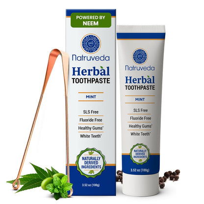 Natruveda Neem Herbal Toothpaste with Copper Tongue Scraper - Fluoride Free, Ayurvedic Oral Care