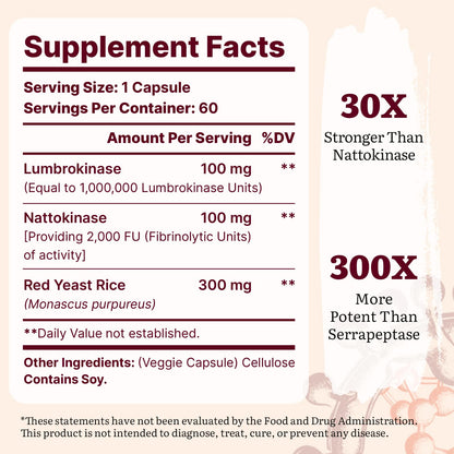 Lumbrokinase 100mg + Nattokinase 100mg + Red Yeast Rice 300mg – Circulation & Cognition, 180 Capsules (Pack of 3)
