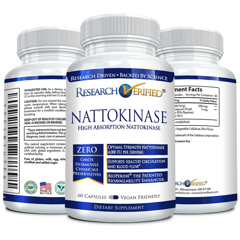 Research Verified Nattokinase 4000 FU – Circulatory Support – BioPerine – No Vitamin K2 – 60 Capsules