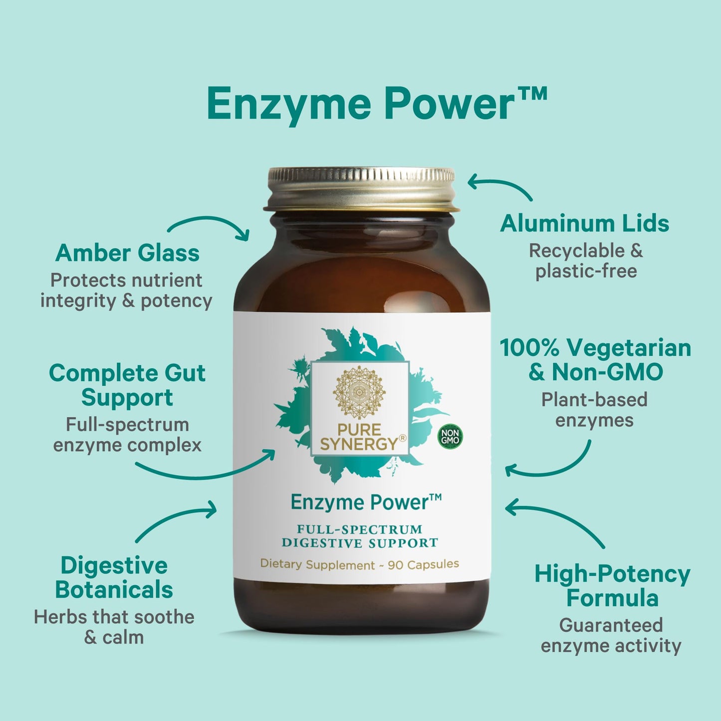 PURE SYNERGY Enzyme Power | Digestive Enzyme Supplement with Nattokinase, Bromelain & Serrapeptase | 90 Capsules