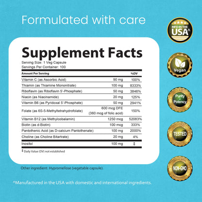 NaturaLife Labs Vitamin B-Complex with Vitamin C & Folic Acid | 100 Capsules