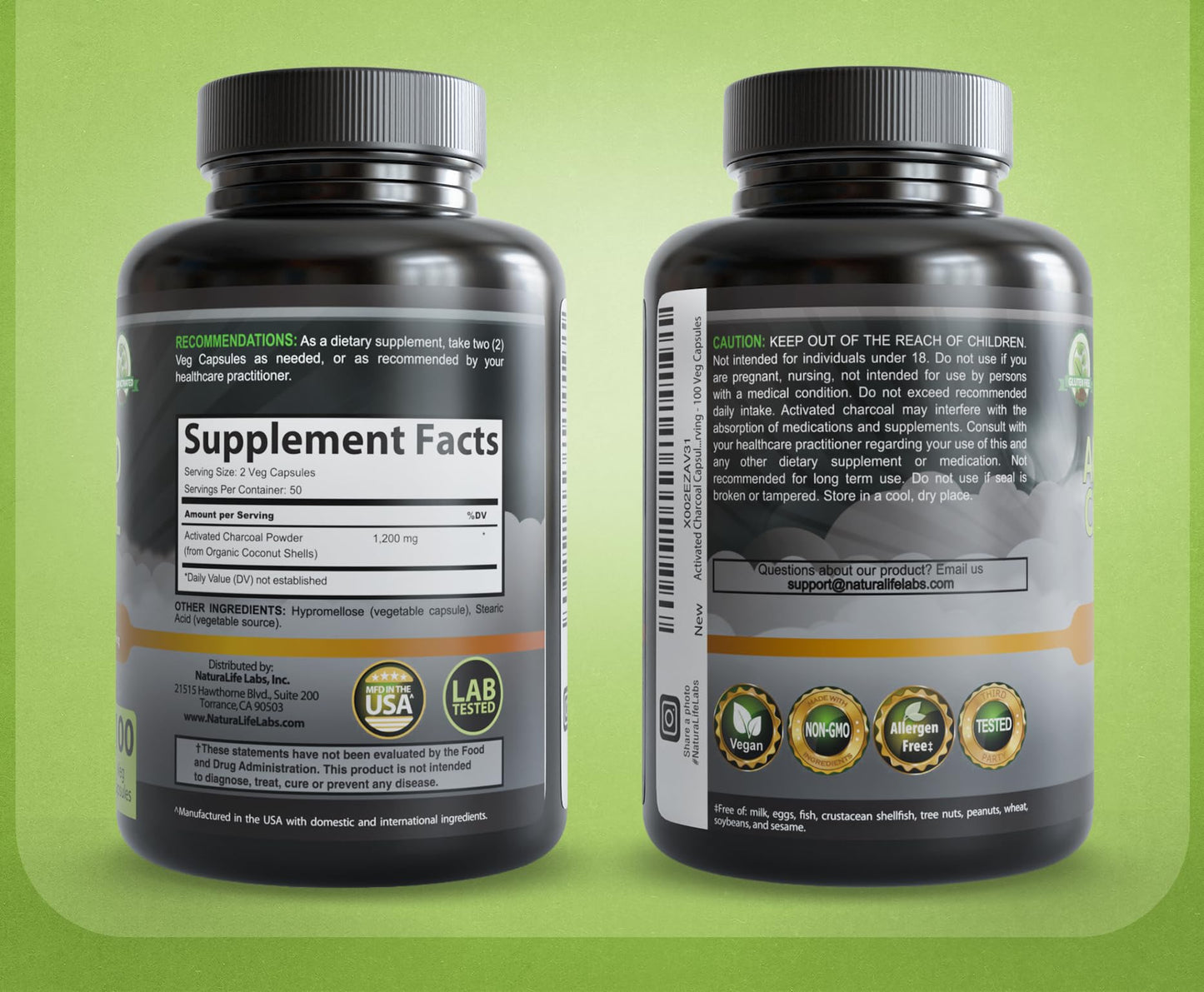 NaturaLife Labs Activated Charcoal 1200 mg – 100 Veg Capsules | Non-GMO, Gluten-Free, Vegan