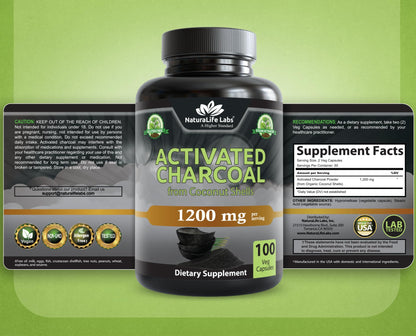 NaturaLife Labs Activated Charcoal 1200 mg – 100 Veg Capsules | Non-GMO, Gluten-Free, Vegan