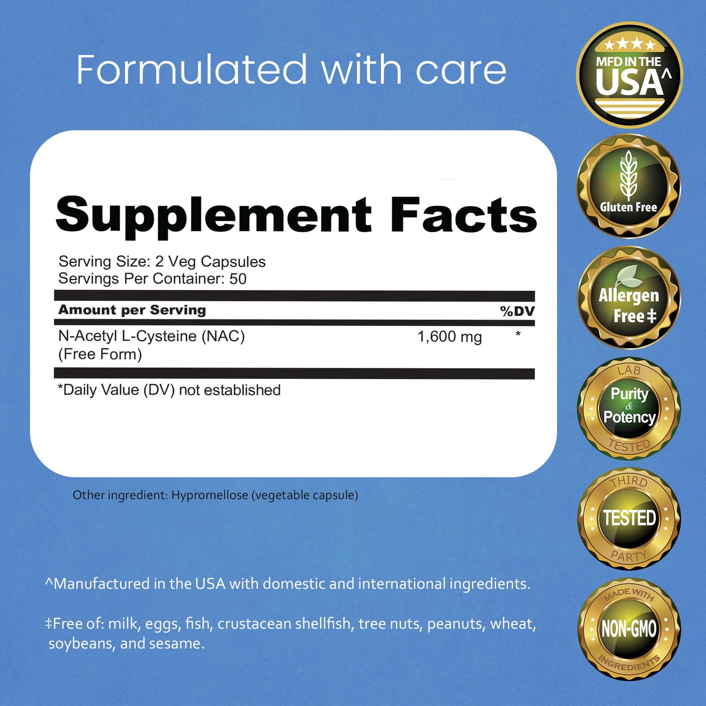 NaturaLife NAC 1600 mg – 100 Capsules | Non-GMO & Gluten-Free