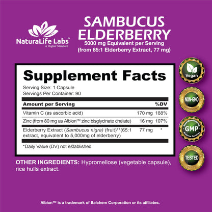 NaturaLife Sambucus Elderberry 5,000 mg (65:1) + Vitamin C & Zinc – 90 Veg Capsules
