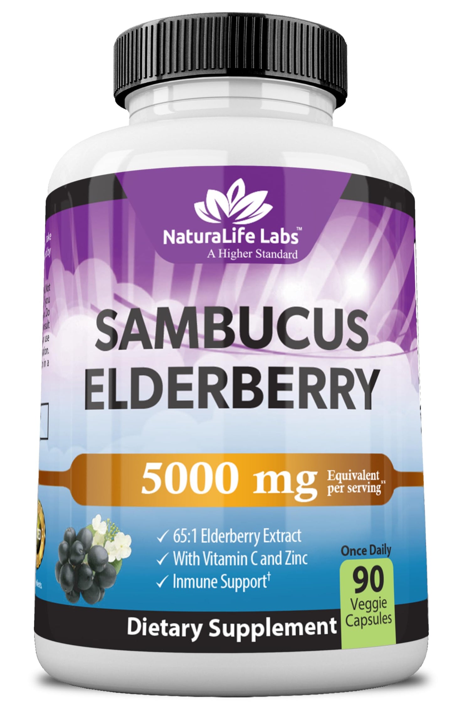 NaturaLife Sambucus Elderberry 5,000 mg (65:1) + Vitamin C & Zinc – 90 Veg Capsules