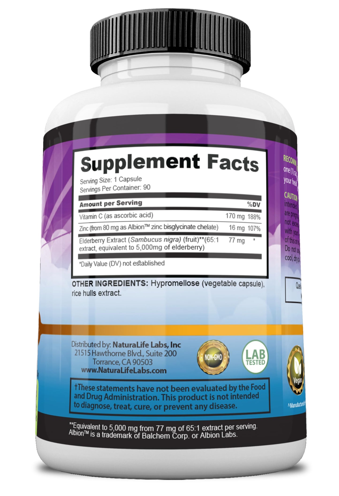 NaturaLife Sambucus Elderberry 5,000 mg (65:1) + Vitamin C & Zinc – 90 Veg Capsules