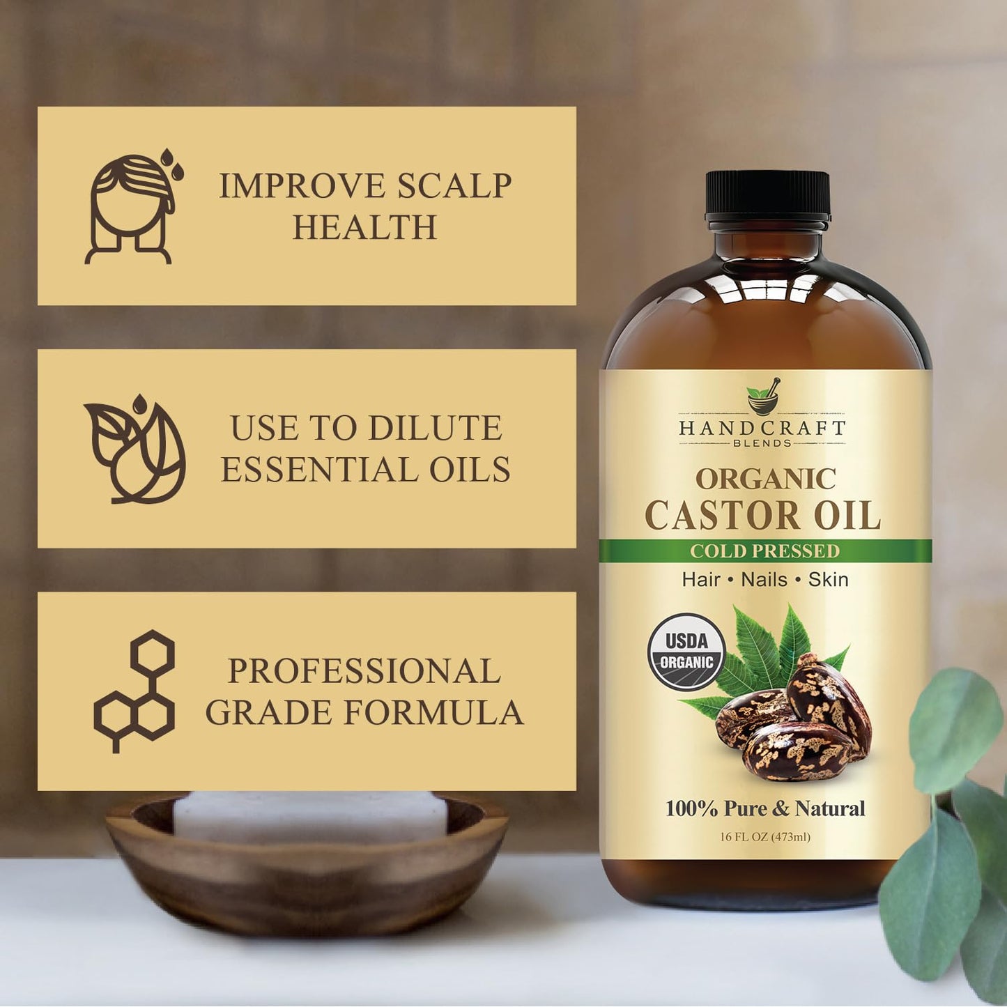 Handcraft Blends Cold-Pressed Organic Castor Oil 16 Fl Oz | Glass Bottle | 100% Pure & Natural | Premium Grade Carrier Oil | Hair, Eyelashes and Eyebrows | Hair and Body