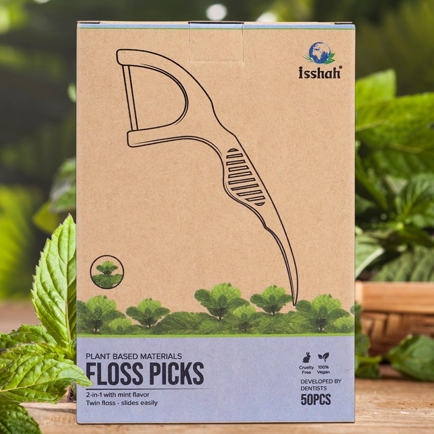 Natural Dental Floss Picks (300 Count) – Kraft Paper Box, Plant-Based, Vegan Mint Twin Floss
