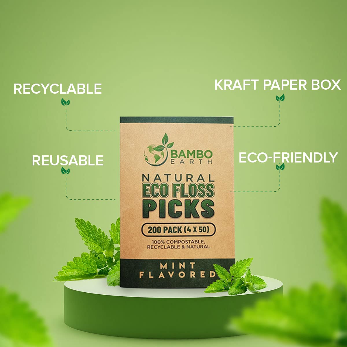 Natural Dental Floss Picks - Eco Friendly, Cruelty-Free, Vegan | 200-Pack Mint