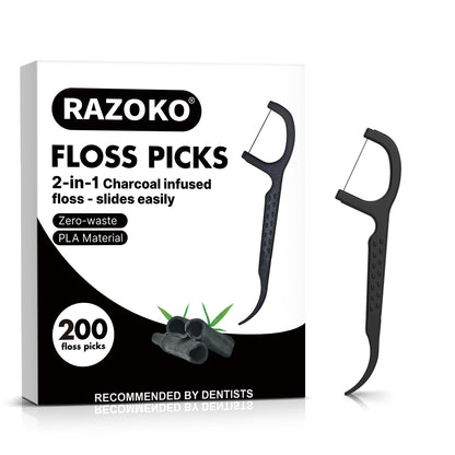 Natural Dental Floss Picks - High-Toughness Bamboo Charcoal (200 Count) - Vegan, Eco-Friendly