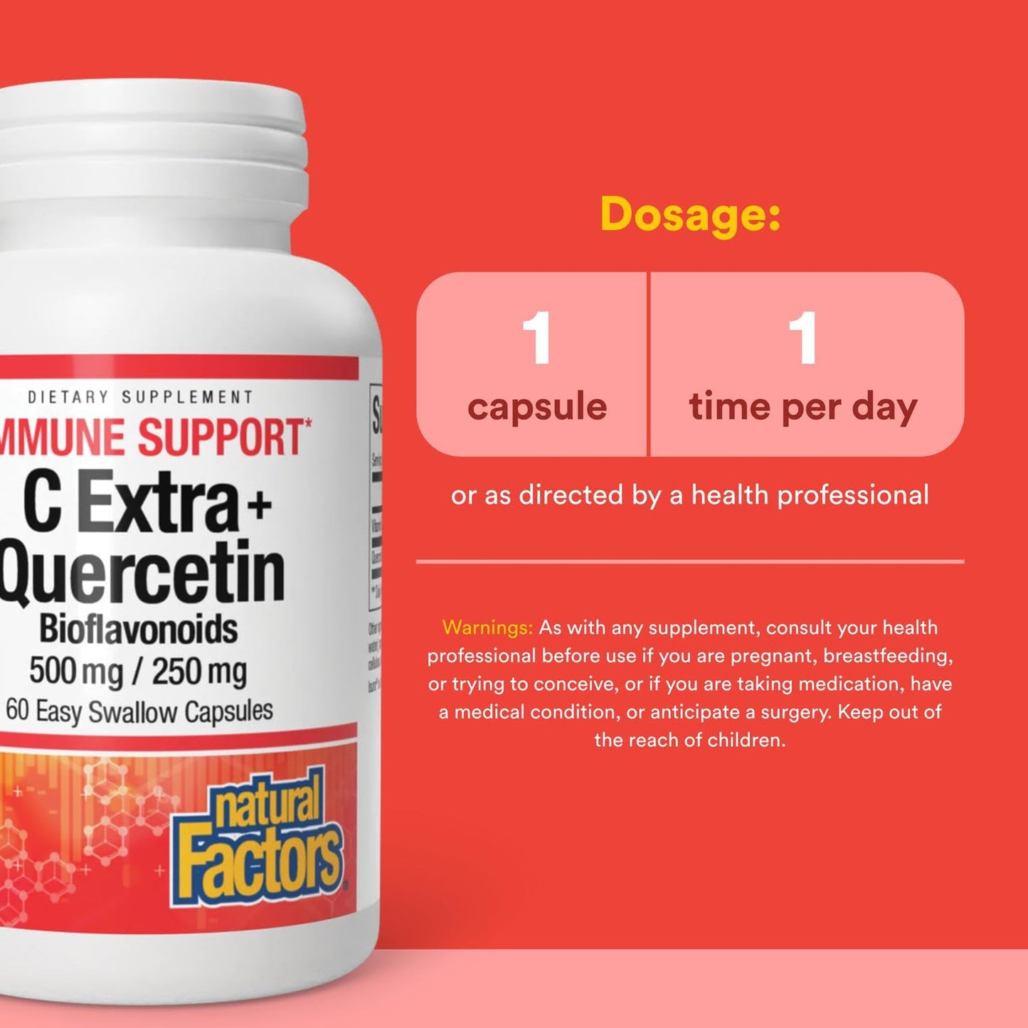 Natural Factors C Extra + Quercetin – 60 Easy Swallow Capsules | Vitamin C 500 mg & Quercetin 250 mg | Non-GMO, Vegan