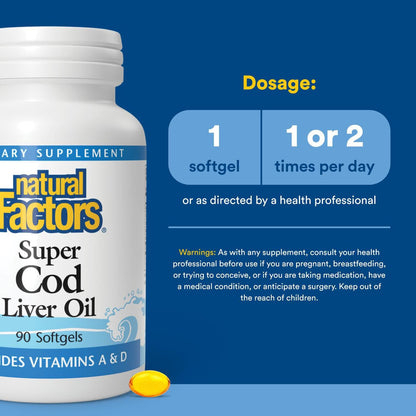 Natural Factors Cod Liver Oil, 90 Capsules | Vitamin A & D for Immune & Bone Health