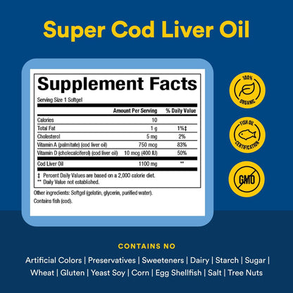 Natural Factors Cod Liver Oil, 90 Capsules | Vitamin A & D for Immune & Bone Health