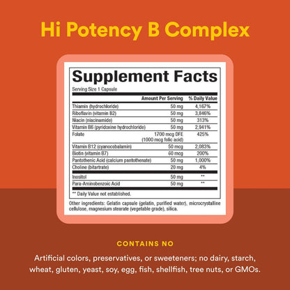 Natural Factors Hi Potency B Complex 50 mg - 90 Capsules | B Vitamins with Choline & Inositol