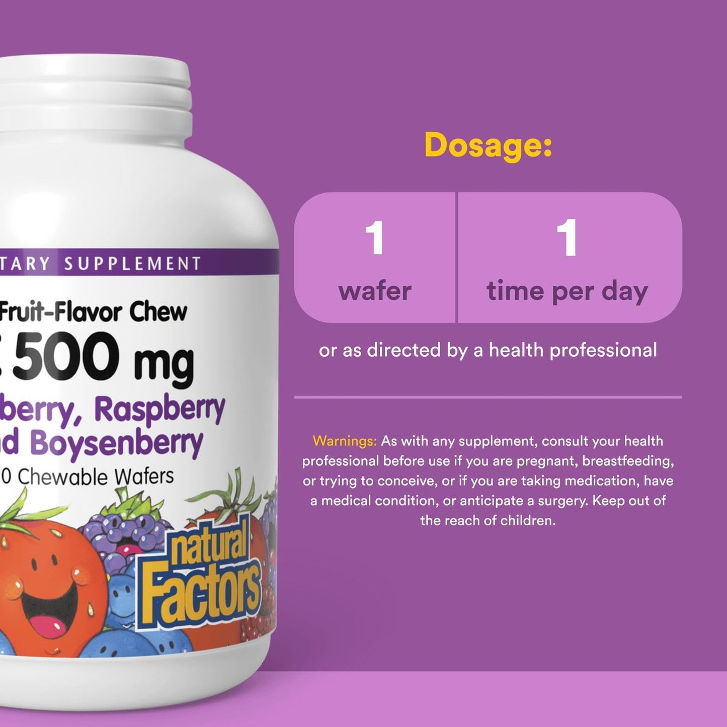 Natural Factors Kids Vitamin C 500 mg – Immune Support, Bones & Teeth (90 Count) – Blueberry, Raspberry & Boysenberry