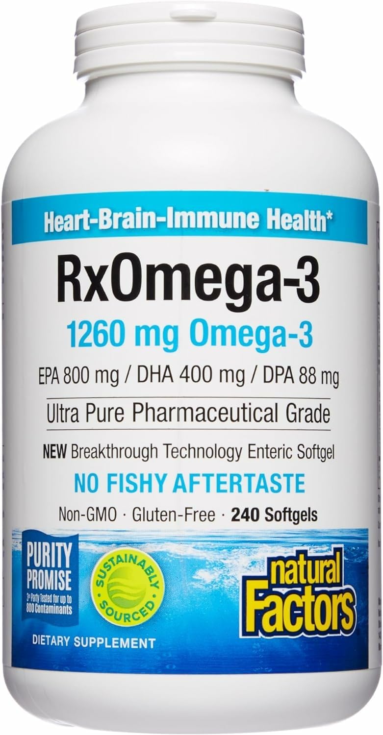 Natural Factors RxOmega-3 Fish Oil — 1260 mg Omega-3 per Serving, No Fishy Aftertaste, 240 Count