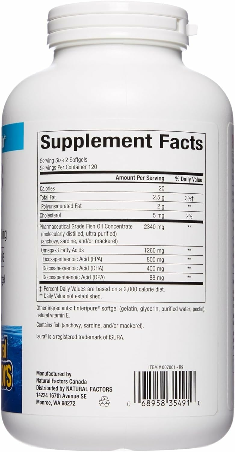 Natural Factors RxOmega-3 Fish Oil — 1260 mg Omega-3 per Serving, No Fishy Aftertaste, 240 Count