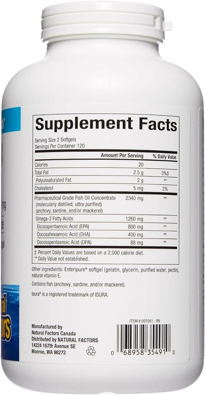 Natural Factors RxOmega-3 Fish Oil — 1260 mg Omega-3 per Serving, No Fishy Aftertaste, 240 Count