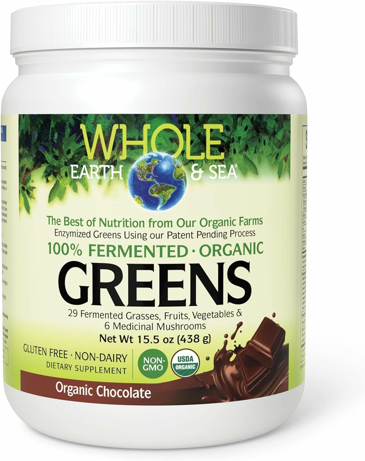 Natural Factors Whole Earth & Sea Organic Fermented Greens Chocolate – Vegan, 15.5 oz