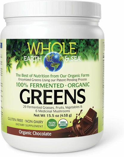Natural Factors Whole Earth & Sea Organic Fermented Greens Chocolate – Vegan, 15.5 oz