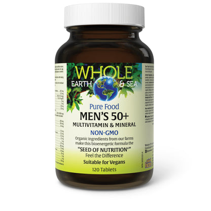 Natural Factors Whole Earth & Sea Men's 50+ Multivitamin & Mineral – Brain Health & Immune Support, Vegan, 120 Tablets