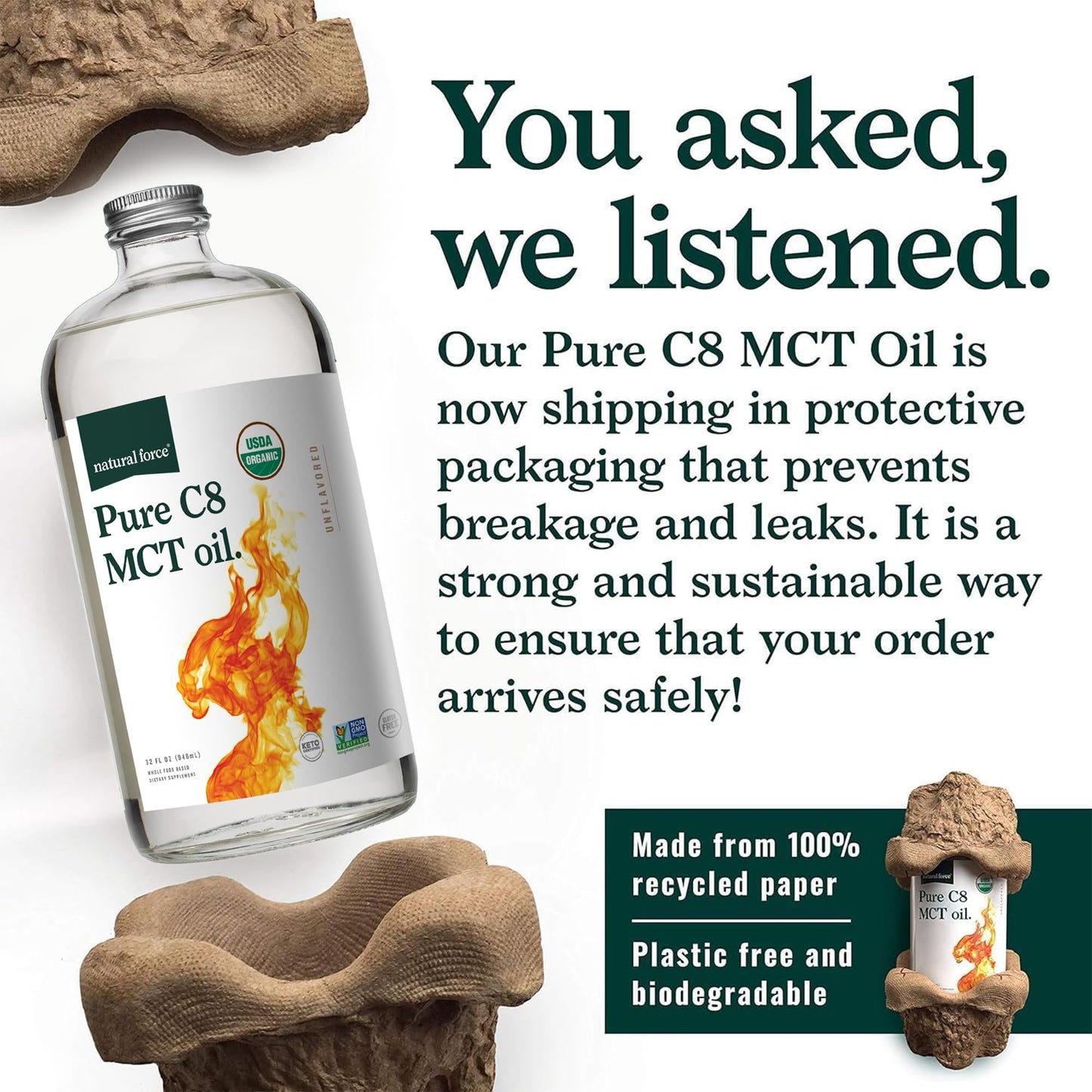Natural Force Organic Pure C8 MCT Oil – 32 oz Glass Bottle | Keto, Paleo, Kosher, Vegan