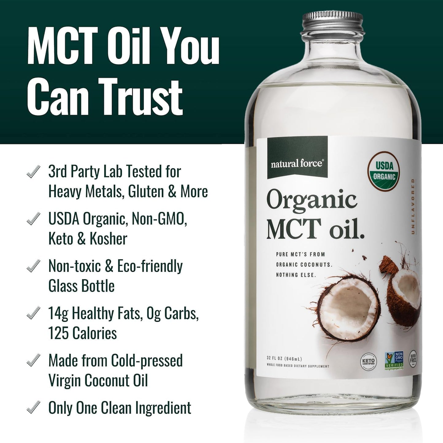 Natural Force Organic MCT Oil – Pure Glass Bottle, 100% Virgin Coconut Oil, Keto, Paleo, Kosher & Vegan