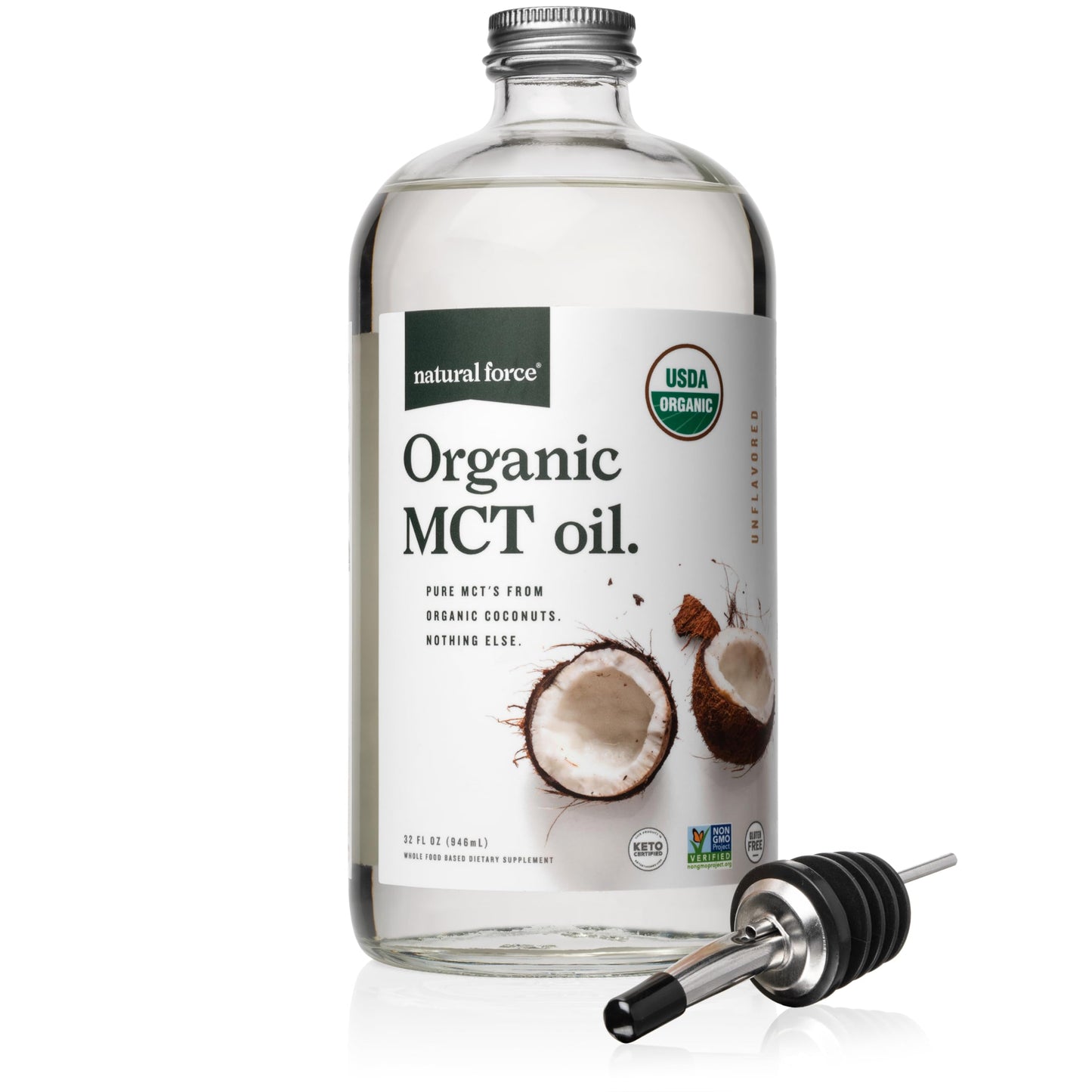 Natural Force Organic MCT Oil – Pure Glass Bottle, 100% Virgin Coconut Oil, Keto, Paleo, Kosher & Vegan