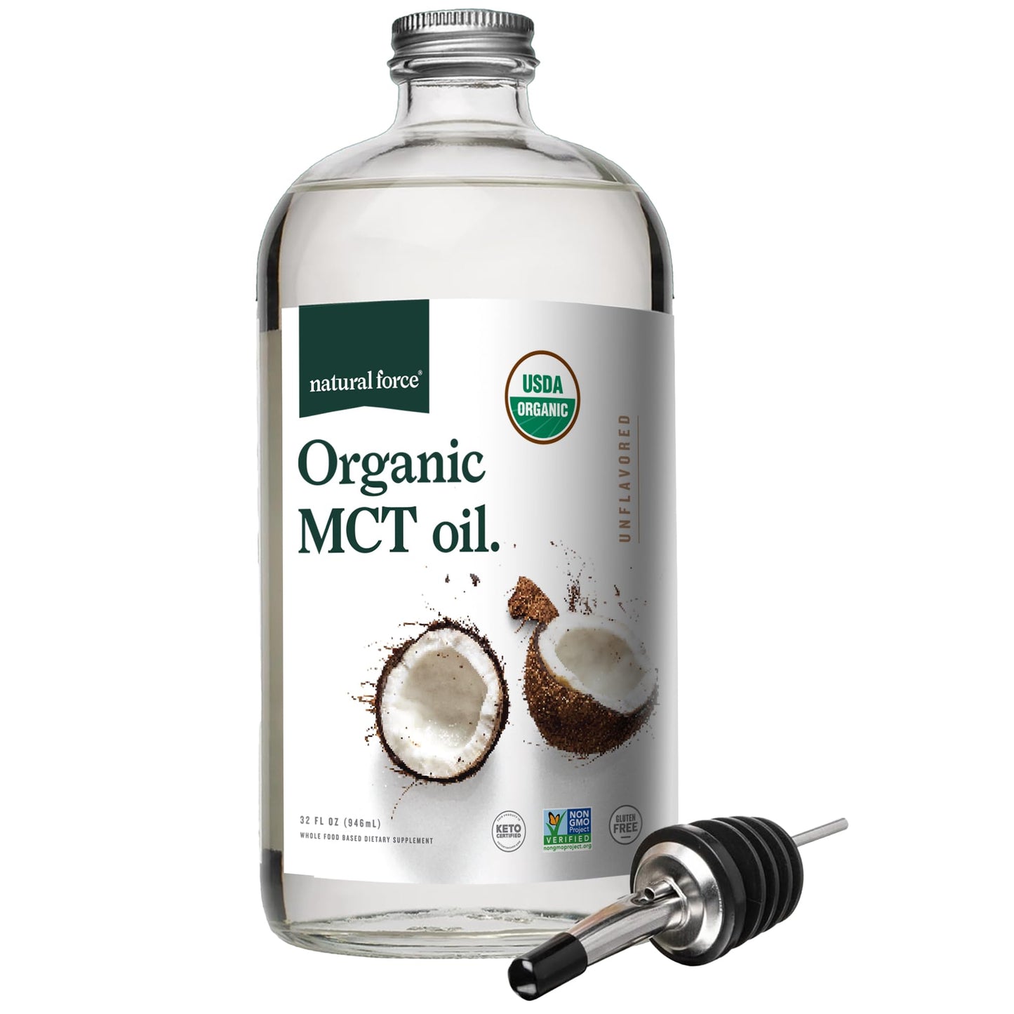 Natural Force Organic MCT Oil – Pure Glass Bottle, 100% Virgin Coconut Oil, Keto, Paleo, Kosher & Vegan