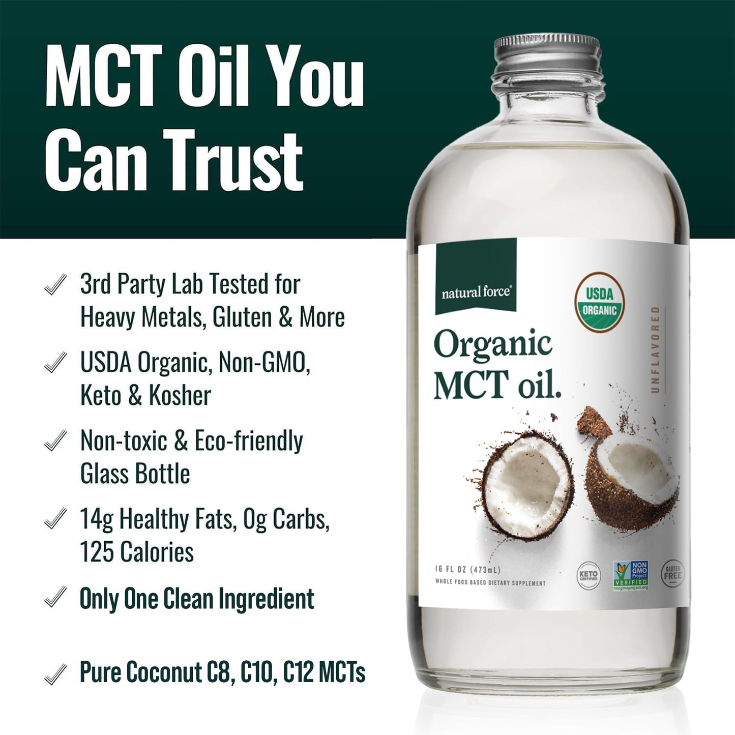 Natural Force Organic MCT Oil – 16 oz Glass Bottle | Keto, Paleo, Kosher, Vegan & Non-GMO