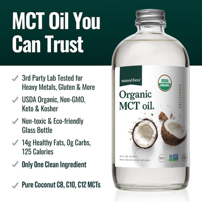 Natural Force Organic MCT Oil – Pure Glass Bottle, 100% Virgin Coconut Oil, Keto, Paleo, Kosher & Vegan