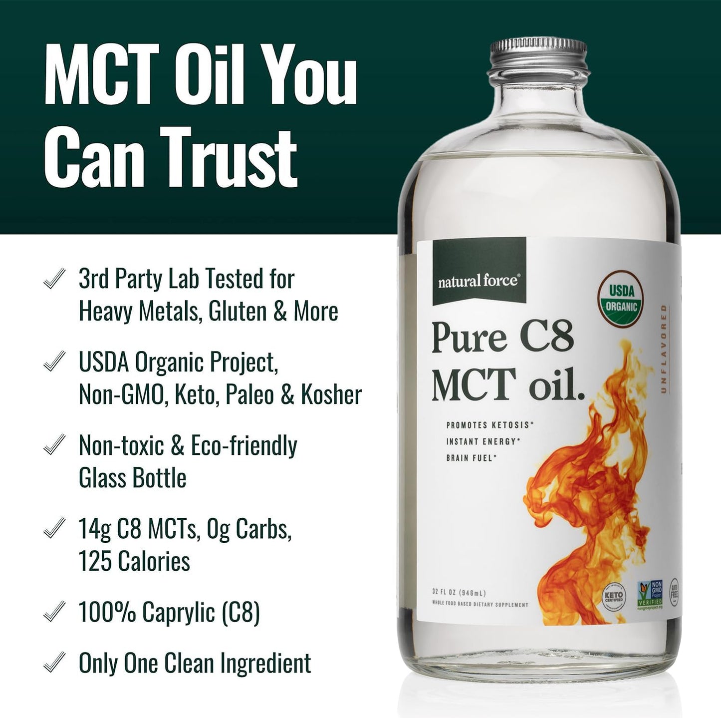 Natural Force Organic Pure C8 MCT Oil – 32 oz Glass Bottle | Keto, Paleo, Kosher, Vegan