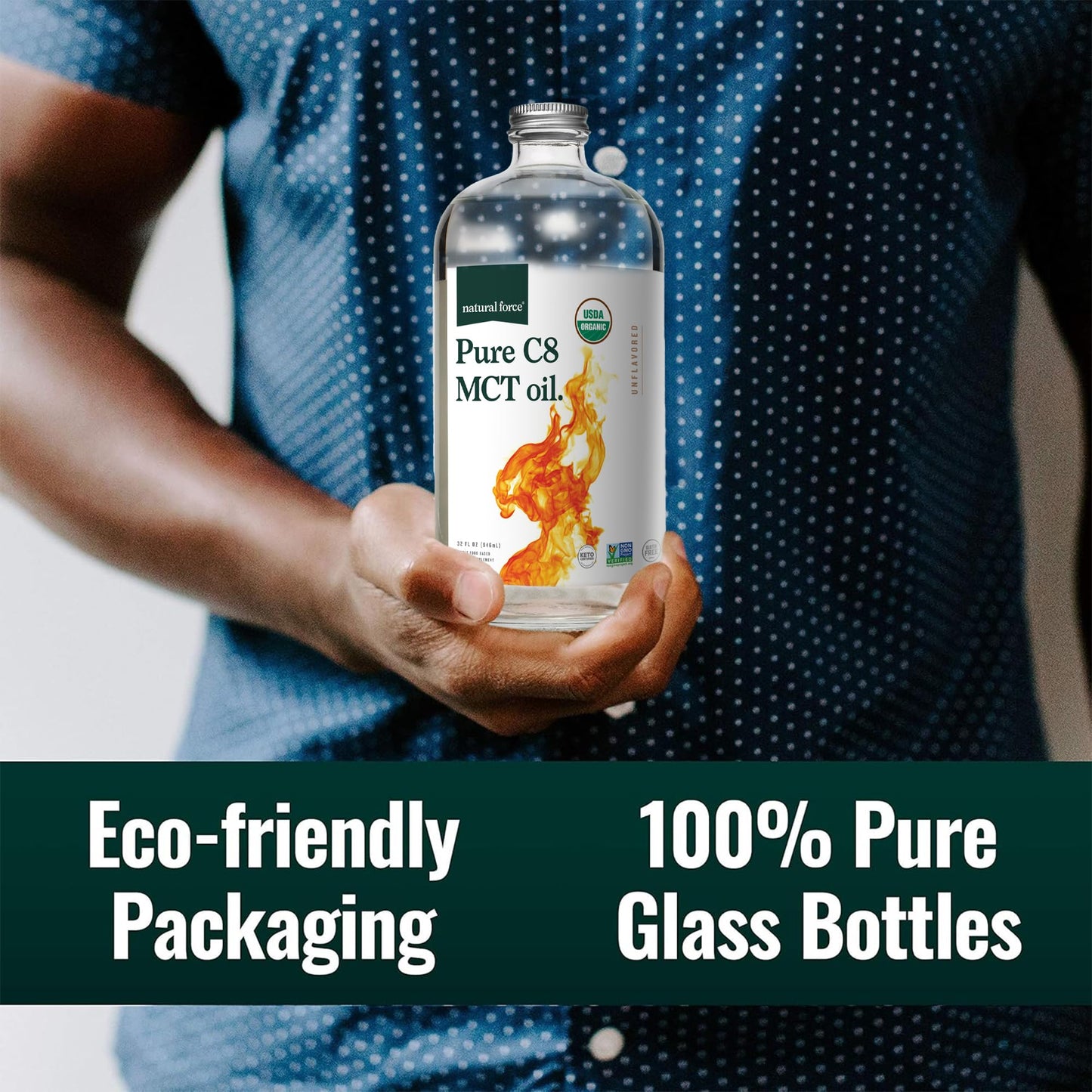 Natural Force Organic Pure C8 MCT Oil – 32 oz Glass Bottle | Keto, Paleo, Kosher, Vegan