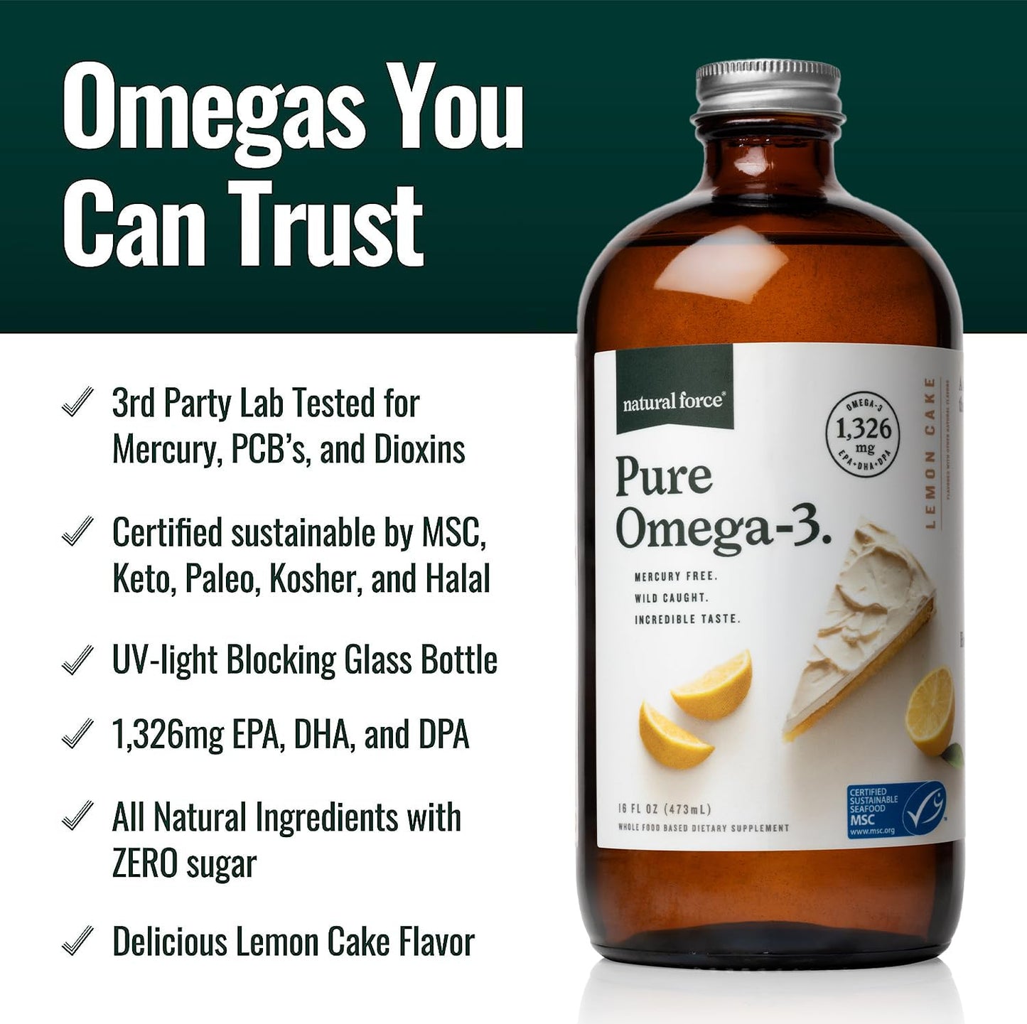 Natural Force Pure Omega-3 Lemon Liquid Fish Oil – 1,326 mg EPA/DHA/DPA, Mercury Free, Wild-Caught
