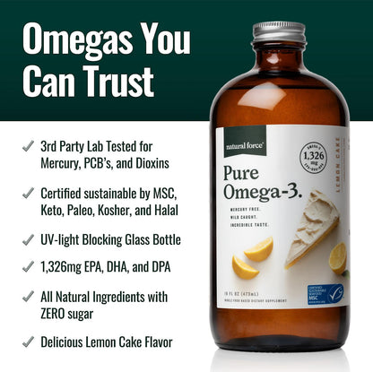 Natural Force Pure Omega-3 Lemon Liquid Fish Oil – 1,326 mg EPA/DHA/DPA, Mercury Free, Wild-Caught