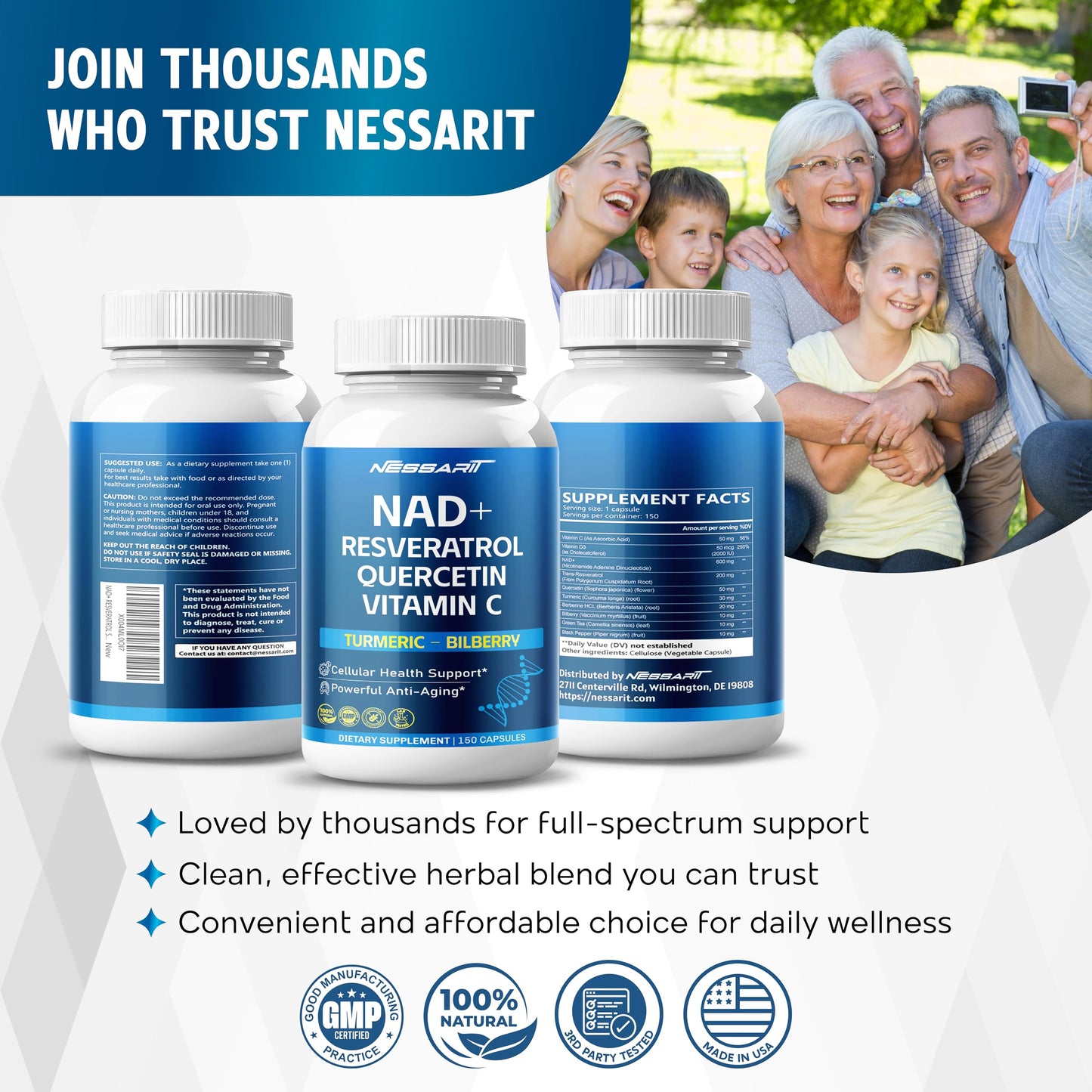 NAD+ Resveratrol Supplement - 10-in-1 Natural Blend with Quercetin, Turmeric, Berberine, Bilberry, Green Tea - 150 Count - Made & Tested in the USA