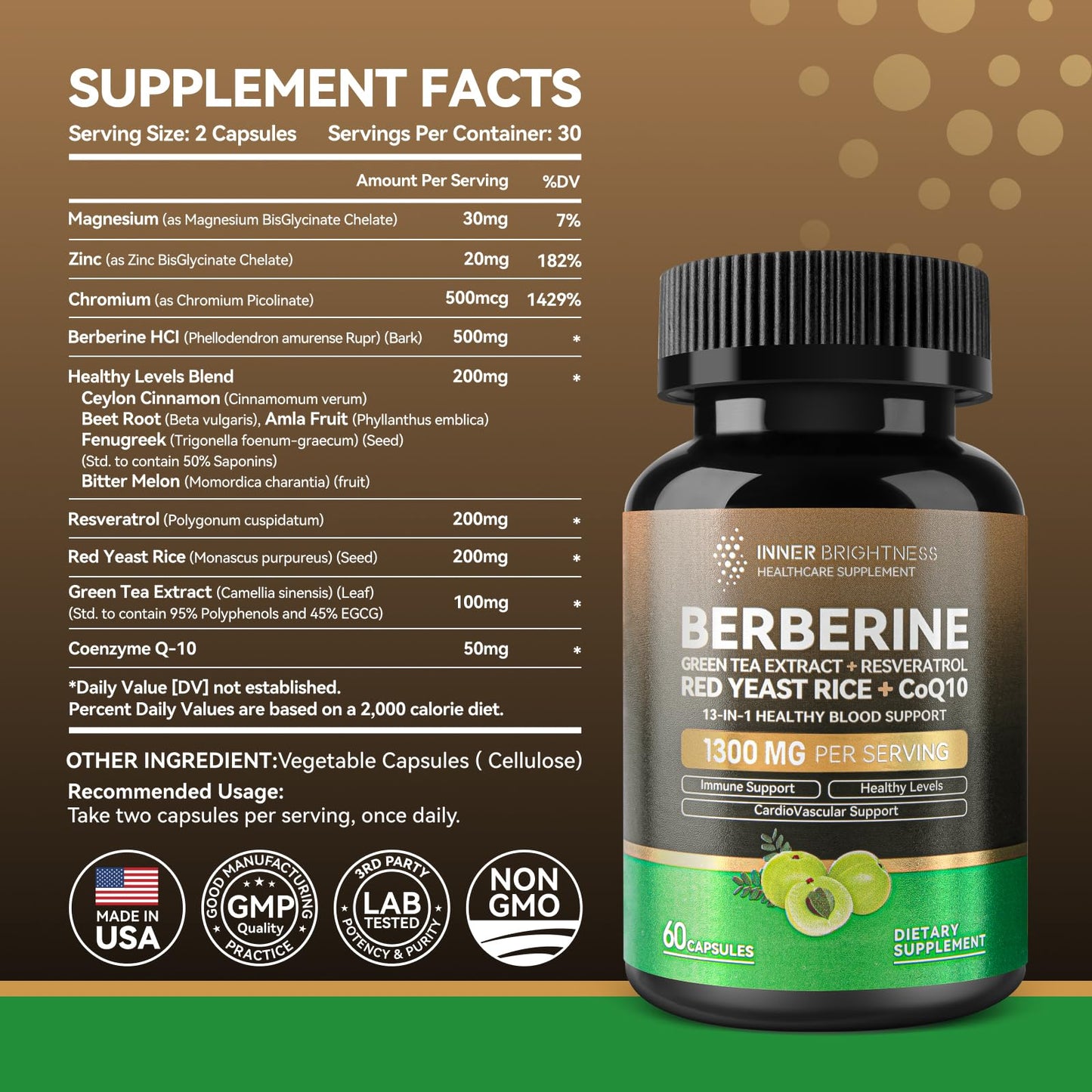 Berberine 1300mg with Green Tea Extract, Resveratrol, Red Yeast Rice & CoQ10 – 13-in-1 Immune & Metabolic Support, 60 Caps, Non-GMO
