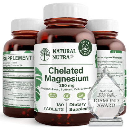 Natural Nutra Chelated Magnesium Oxide 250 mg – 180 Tablets (2 Pack) in BPA-Free Recyclable Glass Bottles