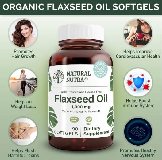 Natural Nutra Organic Flaxseed Oil Softgels - 1000 mg, Omega-3-6-9, 90 Softgels
