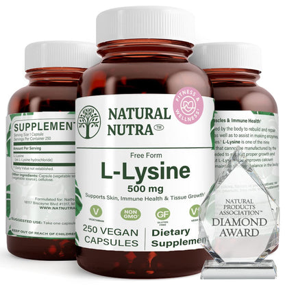 Natural Nutra L Lysine HCl 500 mg | Bone Health, Skin Support, Vegan, Non-GMO, 250 Capsules