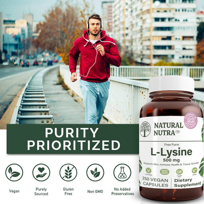 Natural Nutra L Lysine HCl 500 mg | Bone Health, Skin Support, Vegan, Non-GMO, 250 Capsules