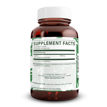 Natural Nutra L Lysine HCl 500 mg | Bone Health, Skin Support, Vegan, Non-GMO, 250 Capsules