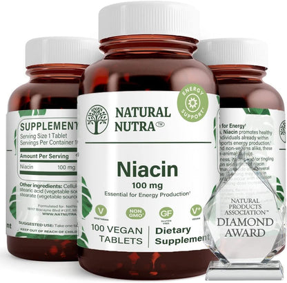 Natural Nutra Niacin Supplement 100 mg – Energy, Digestion, Skin Health | Non-GMO, Gluten-Free | 100 Tablets