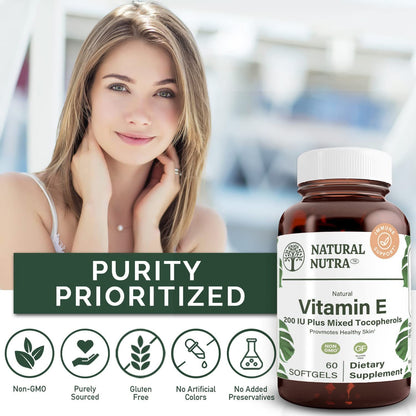 Natural Nutra Vitamin E 200 IU Softgels - Skin, Hair, Nails & Heart Health
