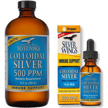 Natural Path Silver Wings Supplement - Colloidal Silver 500 ppm (16 oz / 480 ml) + (1 oz / 30 ml)
