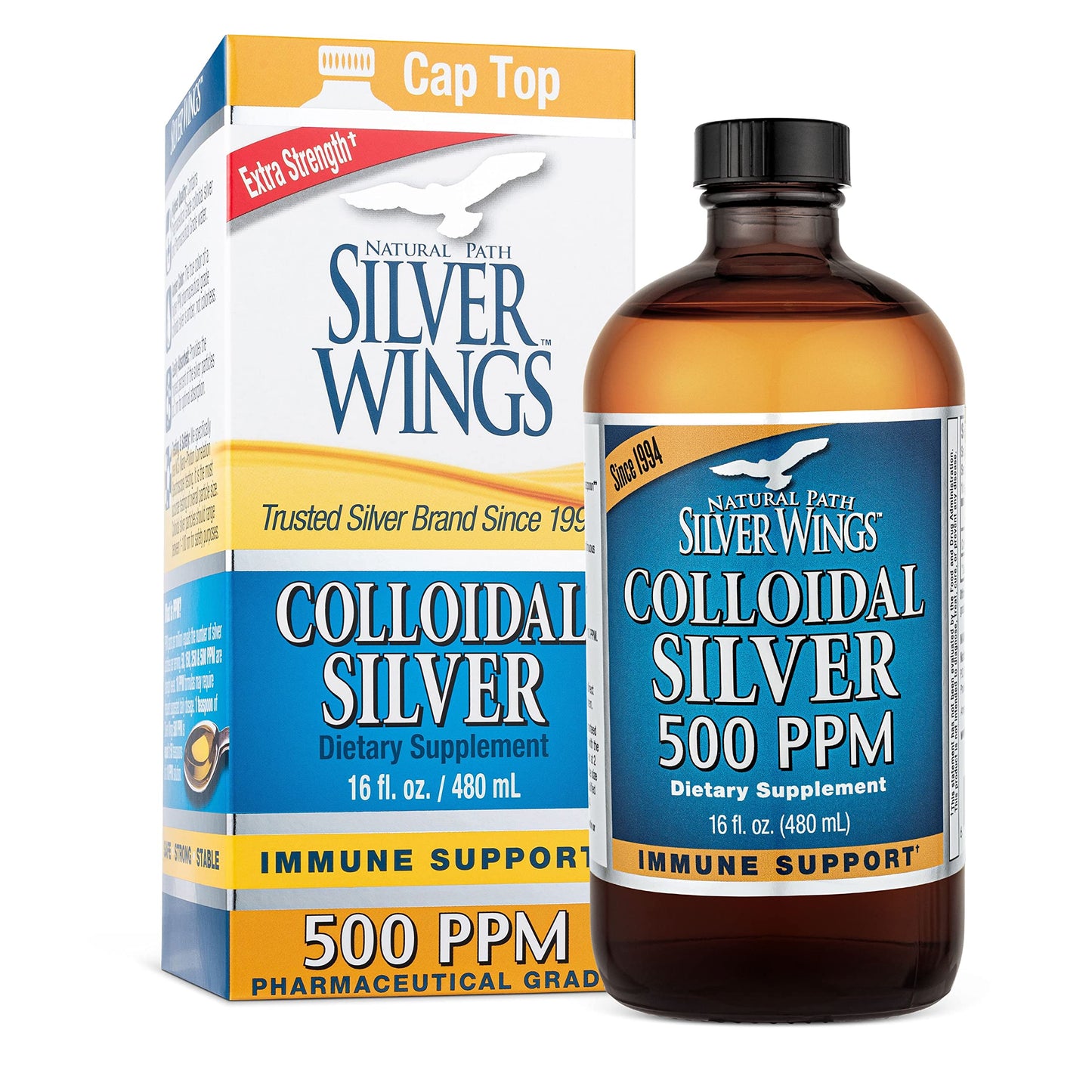 Natural Path Silver Wings Colloidal Silver 500ppm (2,500mcg) Immune Support Supplement 16 oz