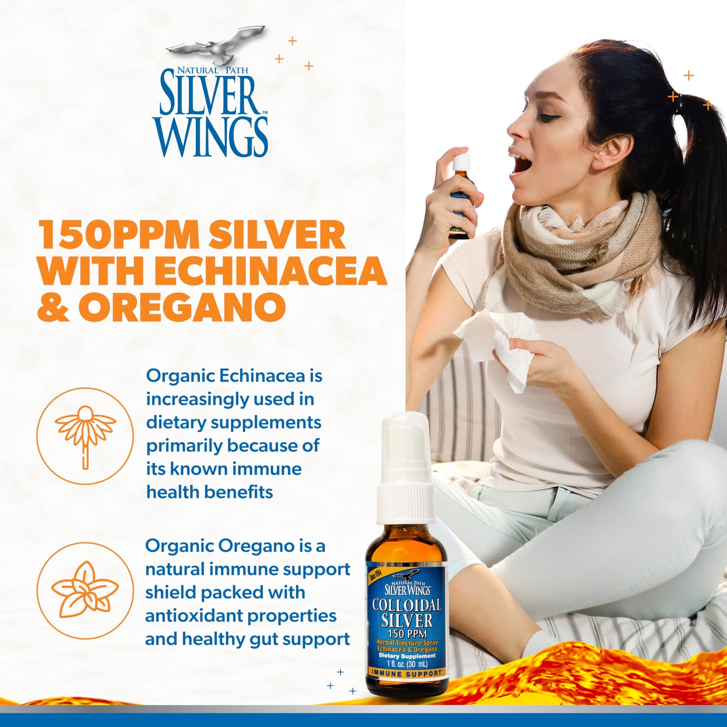 Natural Path Silver Wings Colloidal Silver 150ppm with Echinacea & Oregano Immune Support - 1 fl oz Spray