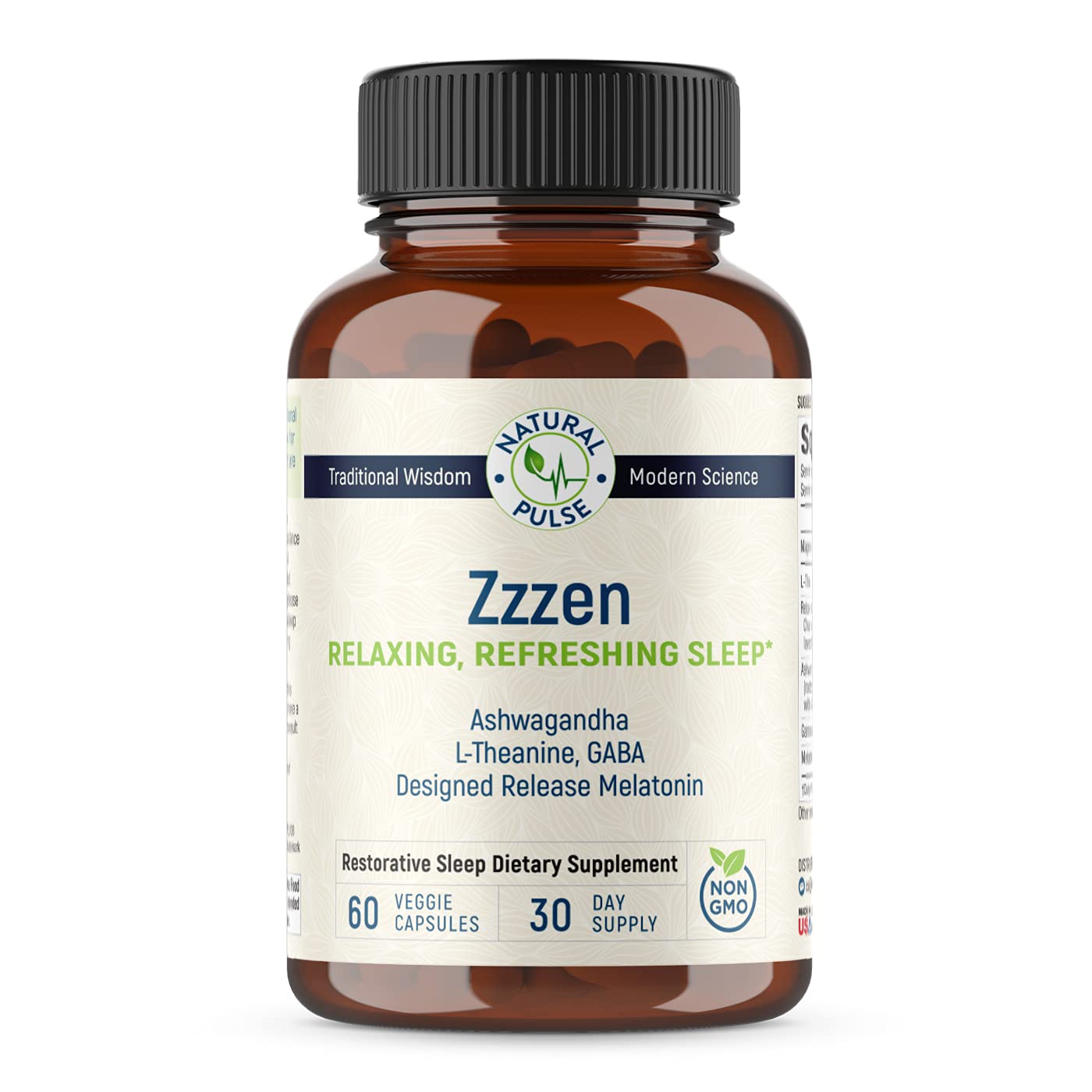 Natural Pulse Zzzen Sleep Aid for Adults – L-Theanine, Ashwagandha, GABA, Melatonin | 60 Caps | Non-GMO