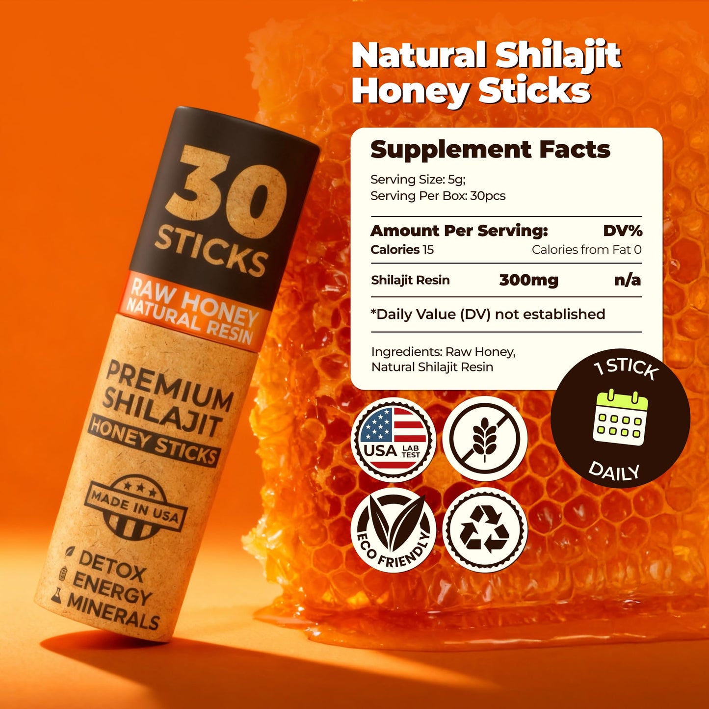 NATURAL SHILAJIT Honey Sticks – Shilajit Resin with Raw Honey, Fulvic Acid & Minerals (30 Sticks)